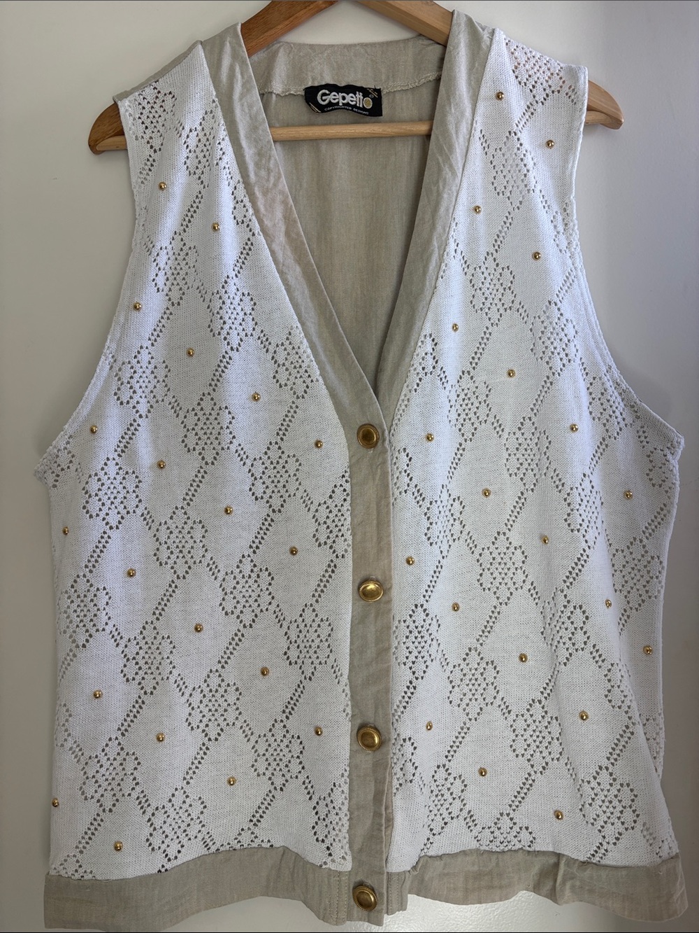 Vintage Gepetto Vest 80s 90s Ivory Crochet Knit Gold Studded Boho Western